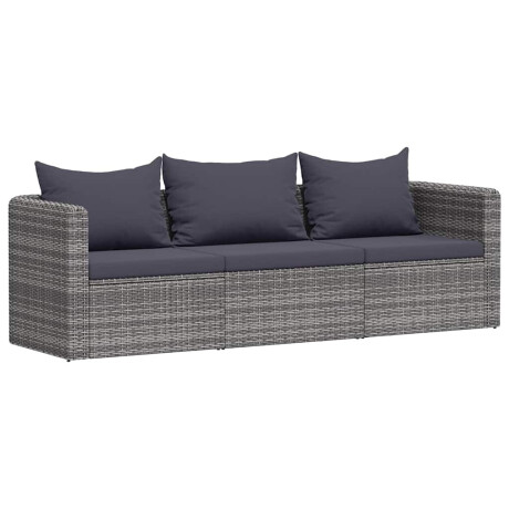 vidaXL 3-delige Loungeset met kussens poly rattan grijs afbeelding2 - 1