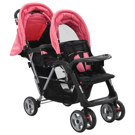 vidaXL Kinderwagen dubbel staal roze en zwart afbeelding2 - 1