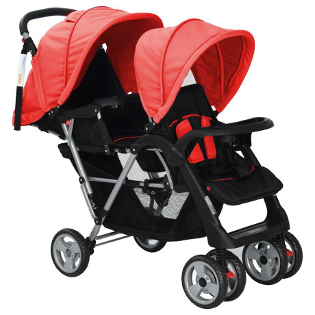 vidaXL Kinderwagen dubbel staal rood en zwart afbeelding2 - 1