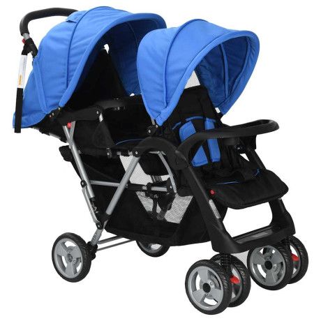 vidaXL Kinderwagen dubbel staal blauw en zwart afbeelding2 - 1