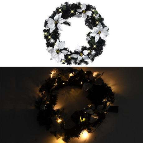 vidaXL Kerstkrans met LED-lampjes 60 cm PVC zwart afbeelding2 - 1