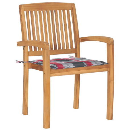 vidaXL Tuinstoelen 2 st met rood geruite kussens massief teakhout afbeelding2 - 1