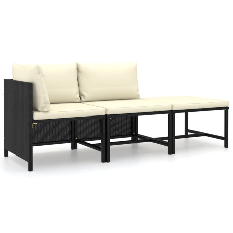 vidaXL 3-delige Loungeset met kussens poly rattan zwart afbeelding2 - 1