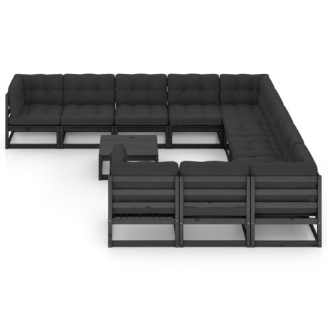 vidaXL 12-delige Loungeset met kussens massief grenenhout zwart afbeelding2 - 1