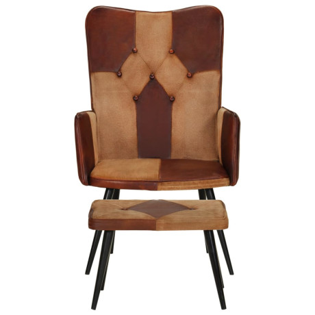 vidaXL Fauteuil met voetensteun echt leer en canvas bruin afbeelding2 - 1