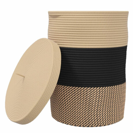 vidaXL Opbergmand met deksel Ø 37x50 cm katoen zwart en beige afbeelding2 - 1