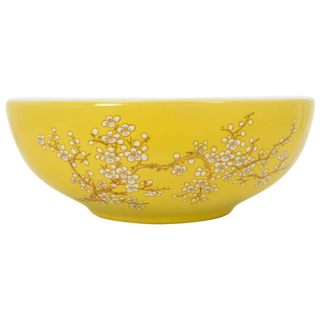 vidaXL Opzetwasbak rond Φ41x14 cm keramiek wit en geel afbeelding2 - 1