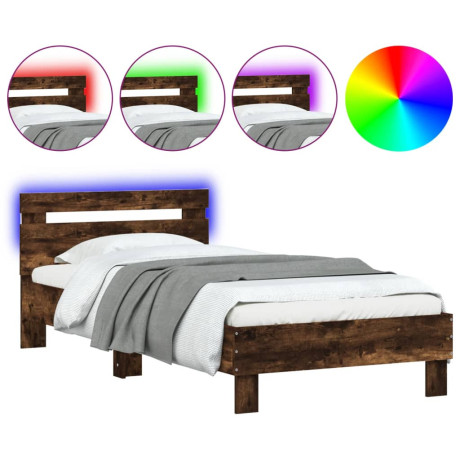 vidaXL Bedframe met hoofdbord en LED gerookt eikenkleurig 75x190 cm afbeelding2 - 1