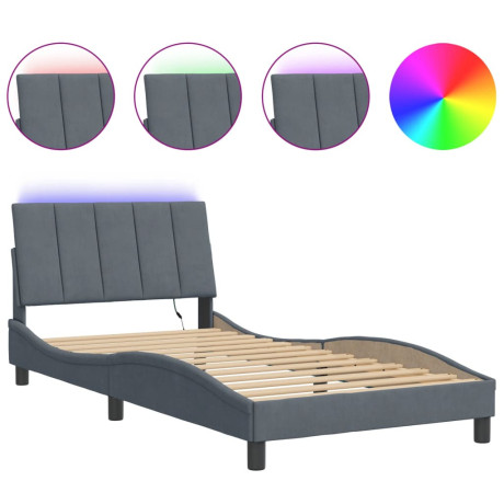 vidaXL Bedframe met LED-verlichting fluweel donkergrijs 100x200 cm afbeelding2 - 1