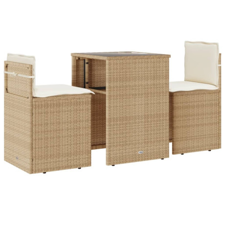 vidaXL 3-delige Bistroset met kussens poly rattan beige afbeelding2 - 1