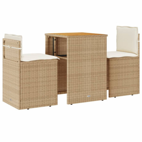 vidaXL 3-delige Bistroset met kussens poly rattan beige afbeelding2 - 1