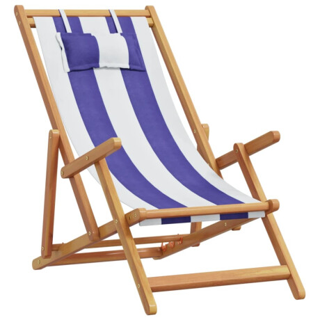 vidaXL Strandstoel inklapbaar eucalyptushout en stof blauw en wit afbeelding2 - 1