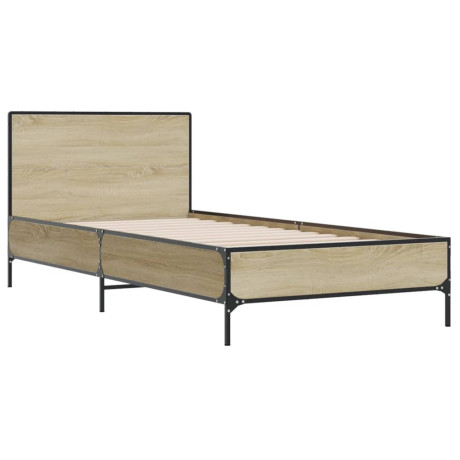 vidaXL Bedframe bewerkt hout en metaal sonoma eikenkleurig 90x200 cm afbeelding2 - 1