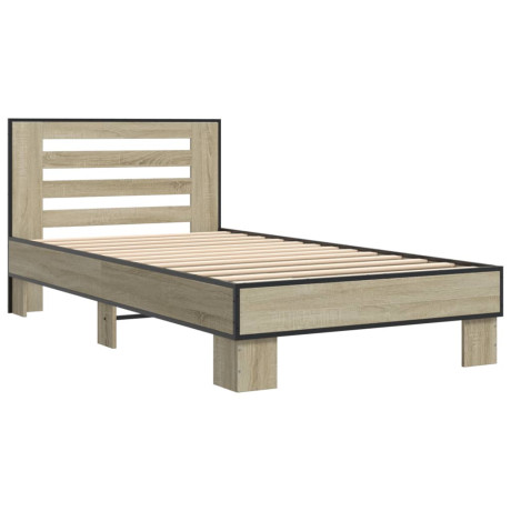 vidaXL Bedframe bewerkt hout en metaal sonoma eikenkleurig 90x200 cm afbeelding2 - 1