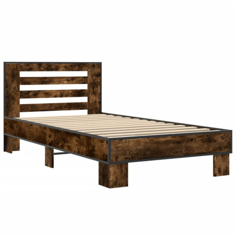 vidaXL Bedframe bewerkt hout en metaal gerookt eikenkleurig 90x200 cm afbeelding2 - 1