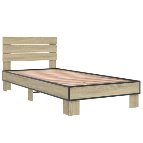 vidaXL Bedframe bewerkt hout en metaal sonoma eikenkleurig 90x200 cm afbeelding2 - 1