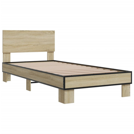 vidaXL Bedframe bewerkt hout en metaal sonoma eikenkleurig 90x200 cm afbeelding2 - 1