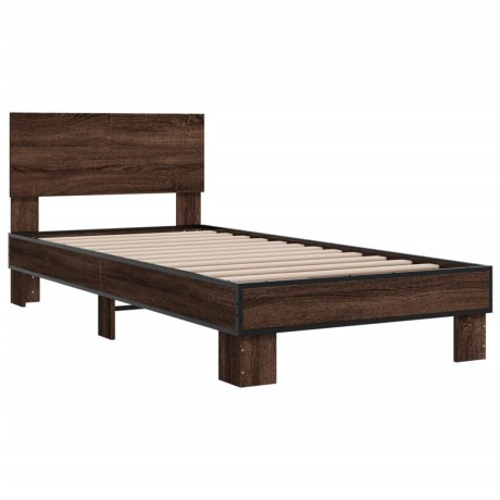 vidaXL Bedframe bewerkt hout en metaal bruin eikenkleurig 90x200 cm afbeelding2 - 1