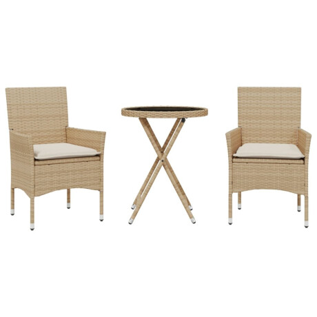vidaXL 3-delige Bistroset met kussens poly rattan en glas beige afbeelding2 - 1