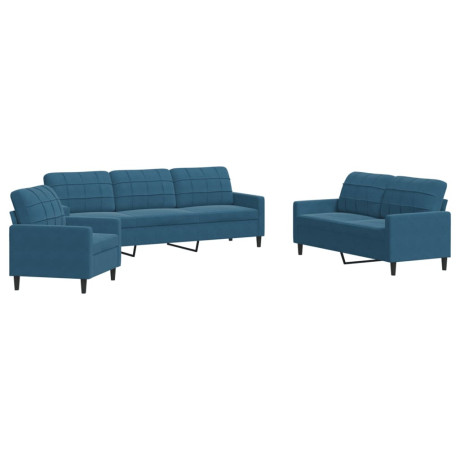 vidaXL 3-delige Loungeset met kussens fluweel blauw afbeelding2 - 1