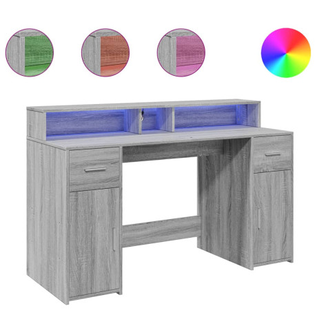 vidaXL Bureau met LED-verlichting 140x55x91 cm hout grijs sonoma eiken afbeelding2 - 1