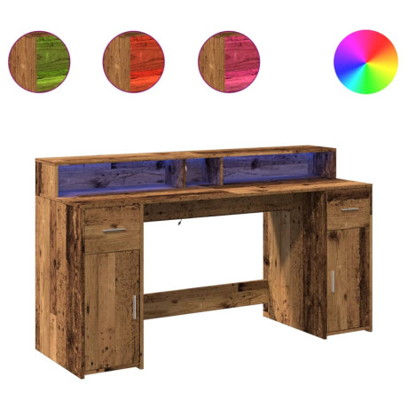 vidaXL Bureau met LED-verlichting 160x55x91 cm bewerkt hout oud hout afbeelding2 - 1