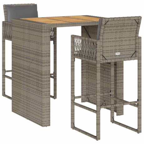 vidaXL 3-delige Tuinbarset met kussens poly rattan acacia grijs afbeelding2 - 1
