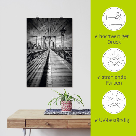 Artland Artprint Brooklyn Bridge, New York City monochroom als artprint op linnen, poster in verschillende formaten maten afbeelding2 - 1