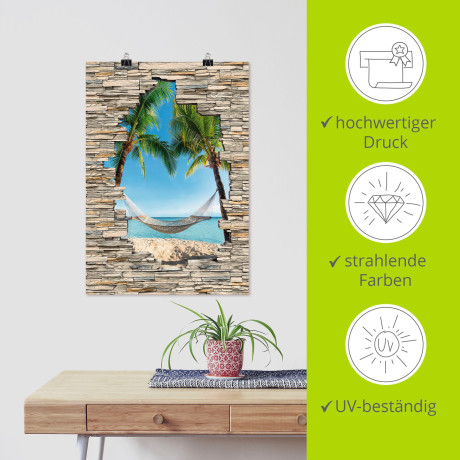 Artland Artprint Palm Beach Caribische hangmat steen als artprint van aluminium, artprint voor buiten, poster in diverse formaten afbeelding2 - 1