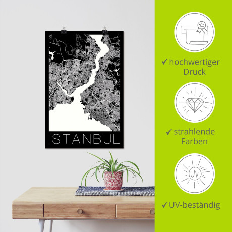 Artland Poster Retro kaart Istanbul zwart & wit als artprint van aluminium, artprint op linnen, muursticker of poster in verschillende maten afbeelding2 - 1