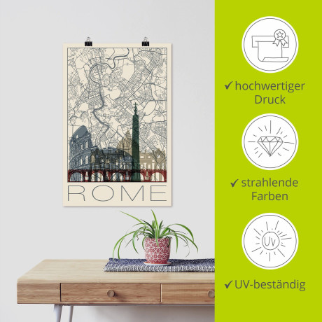 Artland Poster Retro kaart Rome Italië en skyline als artprint van aluminium, artprint op linnen, muursticker of poster in verschillende maten afbeelding2 - 1