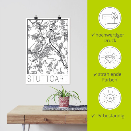 Artland Poster Retro kaart Stuttgart Duitsland als artprint van aluminium, artprint op linnen, muursticker of poster in verschillende maten afbeelding2 - 1