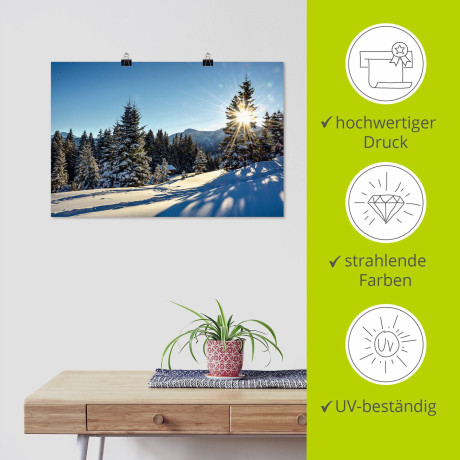 Artland Poster Winterlandschap met zonnester als artprint van aluminium, artprint op linnen, muursticker of poster in verschillende maten afbeelding2 - 1