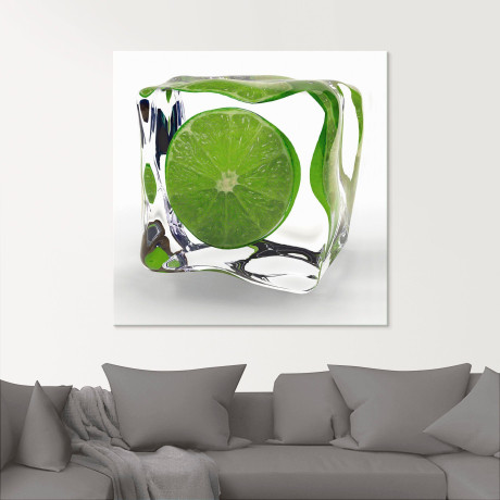 Artland Print op glas Limoen in ijsblokje in verschillende maten afbeelding2 - 1