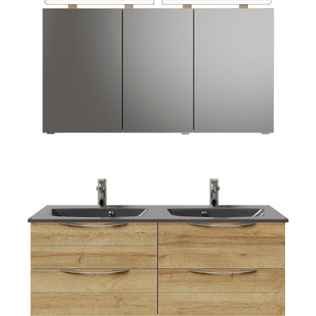 Saphir Badkamerserie Serie 6025 2-delig, mineraalmarmeren wastafel met led-spiegelkast Wastafelmeubel 132 cm breed, 4 laden, 2 spiegeldeuren, incl. deurdemper (2-delig) afbeelding2 - 1