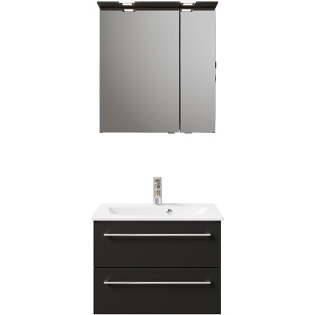 Saphir Badkamerserie Serie 6025 2-delig, mineraalmarmeren wastafel met led-spiegelkast Wastafelmeubel 67 cm breed, 2 laden, 2 spiegeldeuren, incl. deurdemper (2-delig) afbeelding2 - 1