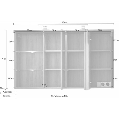 welltime Spiegelkast Bay Badkamerskast met 2 glazen planken en 9 vakken - (B/D/H) 123/18/71 cm afbeelding2 - 1