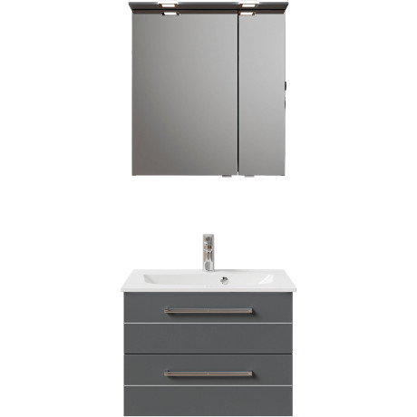 Saphir Badkamerserie Serie 6025 2-delig, mineraalmarmeren wastafel met led-spiegelkast Wastafelmeubel 67 cm breed, 2 laden, 2 spiegeldeuren, incl. deurdemper (2-delig) afbeelding2 - 1