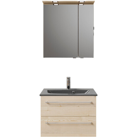 Saphir Badkamerserie Serie 6025 2-delig, mineraalmarmeren wastafel met led-spiegelkast Wastafelmeubel 67 cm breed, 2 laden, 2 spiegeldeuren, incl. deurdemper (2-delig) afbeelding2 - 1