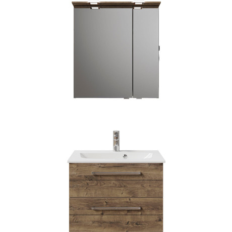 Saphir Badkamerserie Serie 6025 2-delig, mineraalmarmeren wastafel met led-spiegelkast Wastafelmeubel 67 cm breed, 2 laden, 2 spiegeldeuren, incl. deurdemper (2-delig) afbeelding2 - 1