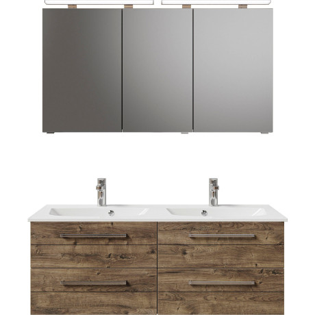 Saphir Badkamerserie Serie 6025 2-delig, mineraalmarmeren wastafel met led-spiegelkast Wastafelmeubel 132 cm breed, 4 laden, 2 spiegeldeuren, incl. deurdemper (2-delig) afbeelding2 - 1