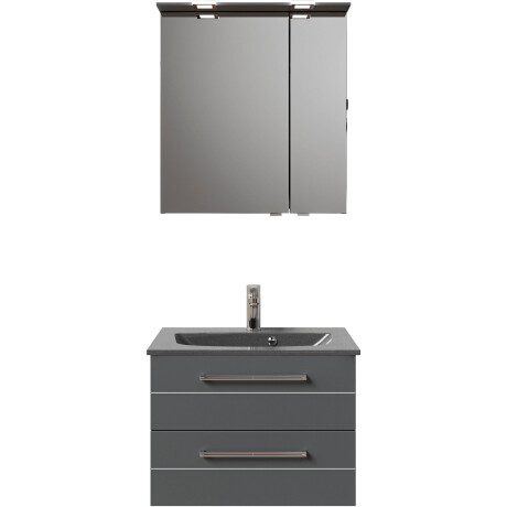 Saphir Badkamerserie Serie 6025 2-delig, mineraalmarmeren wastafel met led-spiegelkast Wastafelmeubel 67 cm breed, 2 laden, 2 spiegeldeuren, incl. deurdemper (2-delig) afbeelding2 - 1