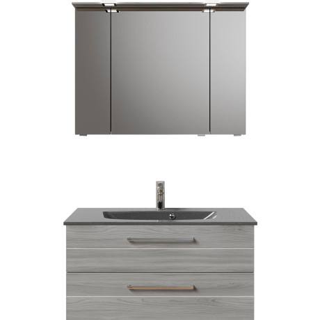 Saphir Badkamerserie Serie 6025 2-delig, mineraalmarmeren wastafel met led-spiegelkast Wastafelmeubel 97 cm breed, 2 laden, 3 spiegeldeuren, incl. deurdemper (2-delig) afbeelding2 - 1