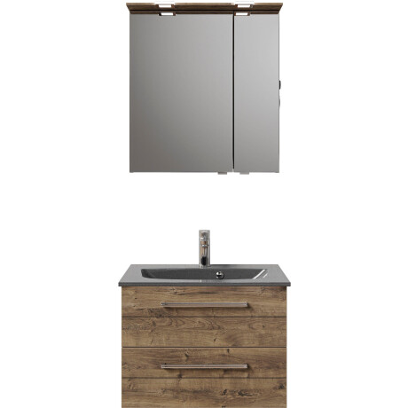 Saphir Badkamerserie Serie 6025 2-delig, mineraalmarmeren wastafel met led-spiegelkast Wastafelmeubel 67 cm breed, 2 laden, 2 spiegeldeuren, incl. deurdemper (2-delig) afbeelding2 - 1