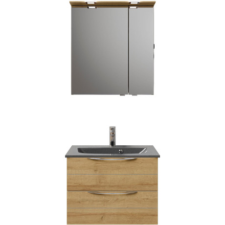 Saphir Badkamerserie Serie 6025 2-delig, mineraalmarmeren wastafel met led-spiegelkast Wastafelmeubel 67 cm breed, 2 laden, 2 spiegeldeuren, incl. deurdemper (2-delig) afbeelding2 - 1