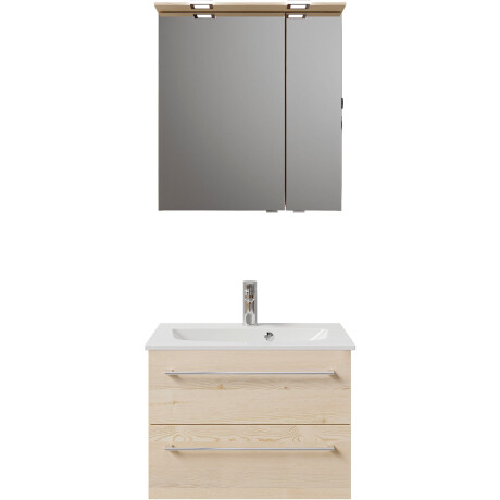 Saphir Badkamerserie Serie 6025 2-delig, mineraalmarmeren wastafel met led-spiegelkast Wastafelmeubel 67 cm breed, 2 laden, 2 spiegeldeuren, incl. deurdemper (2-delig) afbeelding2 - 1