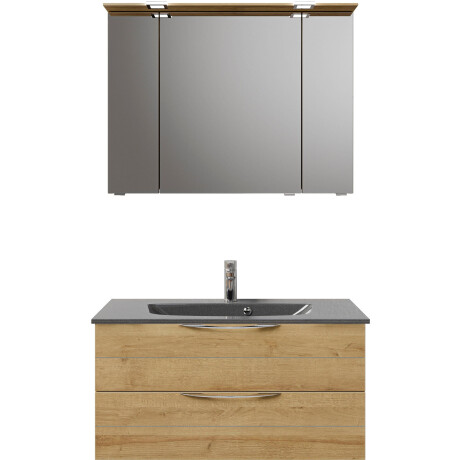 Saphir Badkamerserie Serie 6025 2-delig, mineraalmarmeren wastafel met led-spiegelkast Wastafelmeubel 97 cm breed, 2 laden, 3 spiegeldeuren, incl. deurdemper (2-delig) afbeelding2 - 1