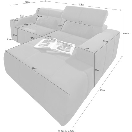 DOMO collection Hoekbank Brandon kleine versie BxDxH: 214x100x80 cm Met verstelbare hoofdsteun, ook in leer en cord, L-model afbeelding2 - 1