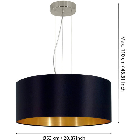 EGLO Hanglamp MASERLO Textiel hanglamp zwart/goudkleur, van staal en stof, E27, Ø53 cm afbeelding2 - 1