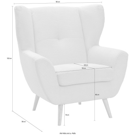 exxpo - sofa fashion Fauteuil ALVESTA, oortstoel, loungesofa met hoog zitcomfort gezellige rugleuning, met knoopstiksels en hoge houten voeten, in cord afbeelding2 - 1